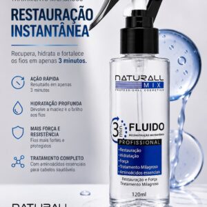 Fluido 3 Min Naturall Mix — Reconstrução Instantânea 120ml Descrição do Produto O Fluido 3 Min Naturall Mix é um tratamento milagroso de restauração instantânea, desenvolvido para recuperar, hidratar e fortalecer os fios em apenas 3 minutos. Formulado com aminoácidos essenciais, oferece um tratamento completo e de ação rápida, ideal para quem precisa de resultados imediatos sem abrir mão da qualidade. Em formato spray, de fácil aplicação, o produto penetra rapidamente na fibra capilar, devolvendo maciez, brilho e resistência aos fios danificados, ressecados ou fragilizados. Benefícios: ✅ Ação rápida — resultado em apenas 3 minutos ✅ Hidratação profunda — devolve maciez e brilho aos fios ✅ Mais força e resistência — fios protegidos e fortalecidos ✅ Tratamento completo com aminoácidos essenciais ✅ Restauração instantânea da fibra capilar ✅ Prático — spray de fácil aplicação, sem enxágue ✅ Uso profissional Indicado para: cabelos danificados, ressecados, fragilizados por química ou calor, e para quem busca um tratamento rápido entre lavagens ou antes da finalização. Modo de Utilização Com os cabelos limpos e úmidos (ou secos, para retoque rápido), borrife o Fluido a uma distância de cerca de 15 a 20cm dos fios; Aplique do meio às pontas, cobrindo todo o comprimento dos cabelos; Deixe agir por 3 minutos; Não é necessário enxaguar — pode finalizar em seguida com secador, escova ou prancha; Para tratamentos mais intensos, pode ser associado a outros produtos da linha (como o BBTOX de Chuveiro ou o Kit Hidrat). Frequência de uso: pode ser usado diariamente ou conforme a necessidade dos fios, sendo ideal também como manutenção entre um tratamento e outro. Rendimento: aproximadamente 40 a 60 aplicações, dependendo do comprimento do cabelo