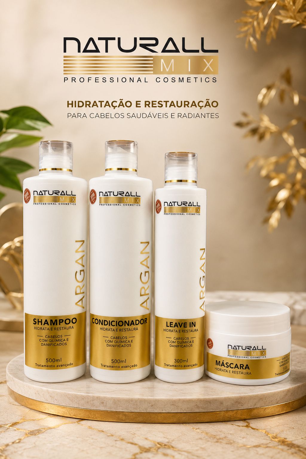 Kit Argan Naturall Mix — Shampoo, Condicionador, Leave-in e Máscara